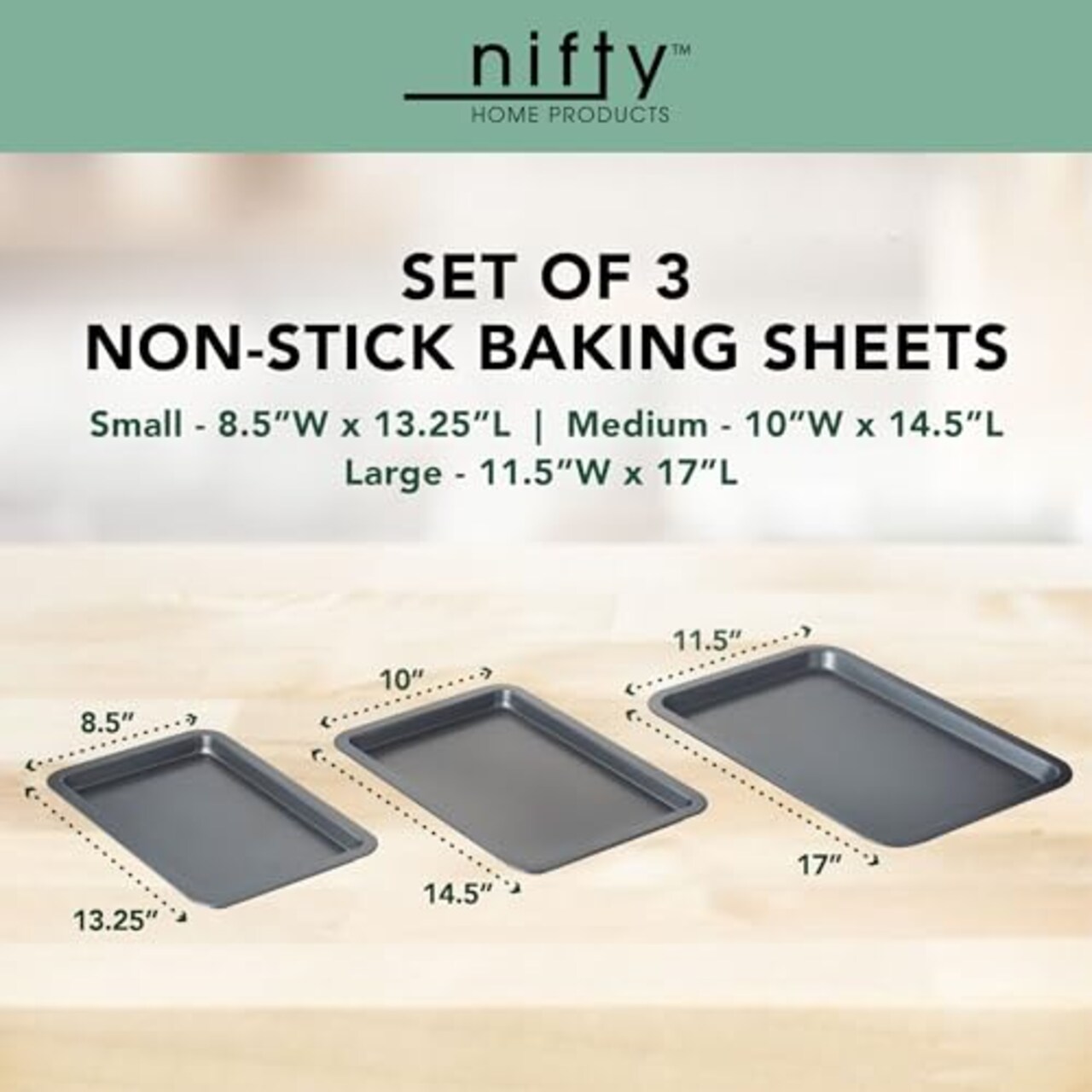 (Set of 3) Cookie & Baking Sheets– Non-Stick Coated Steel, Dishwasher Safe, Oven Safe up to 450 Degrees, includes Large/Med/Small Pans